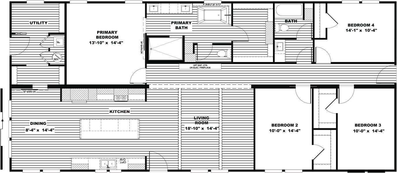 Clayton Boujee Premier floor plan, 4 bedroom 2 bath, 32 by 68