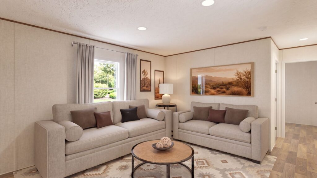 The DOGWOOD Living Room. This Manufactured Mobile Home features 2 bedrooms and 2 baths.
