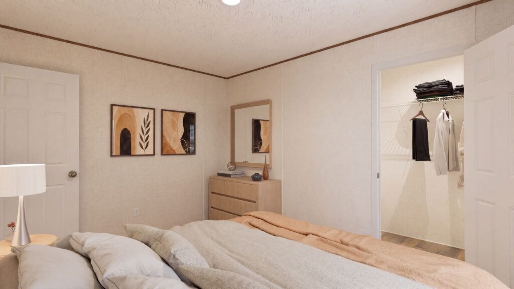 The SPRUCE Bedroom. This Manufactured Mobile Home features 3 bedrooms and 2 baths.