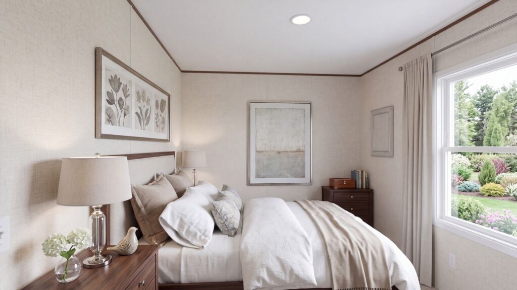 The ELM Bedroom. This Manufactured Mobile Home features 2 bedrooms and 1 bath.