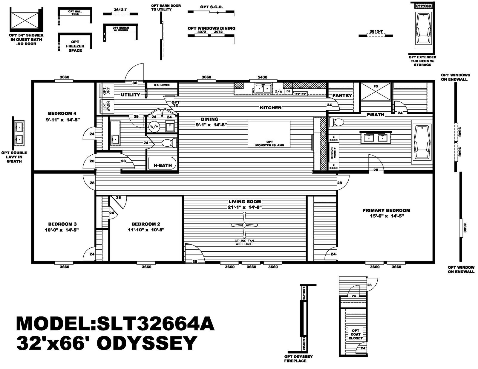 Floor plan for the Clayton Odyssey 4 bedroom, 2 bath, 1,916 square foot double wide manufactured home